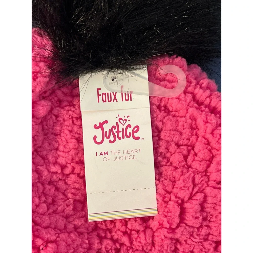 Justice Girls Hot Pink Sherpa Beanie Hat Black Faux Fur Pom Pom One Size NWT‎